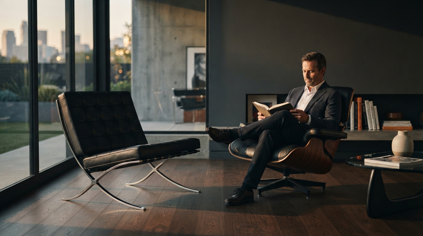 Editorial illustration for Architectural Statement vs. Ergonomic Embrace: Comparing the Barcelona and Eames Lounge Chairs