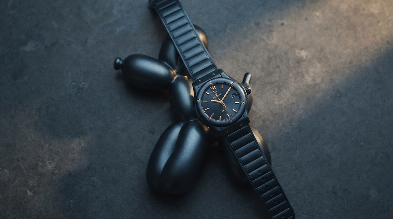 Editorial illustration for Hublot and Jeff Koons Unveil Art-Infused Timepieces: Detailing the Classic Fusion Balloon Dog and MP-14 Origin's Design and Technical Innovations