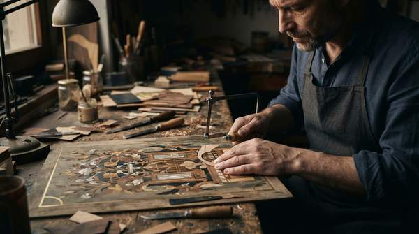 Editorial illustration for Reading Marquetry: How Luxury Furniture Turns Wood, Shell and Metal into Visual Narrative